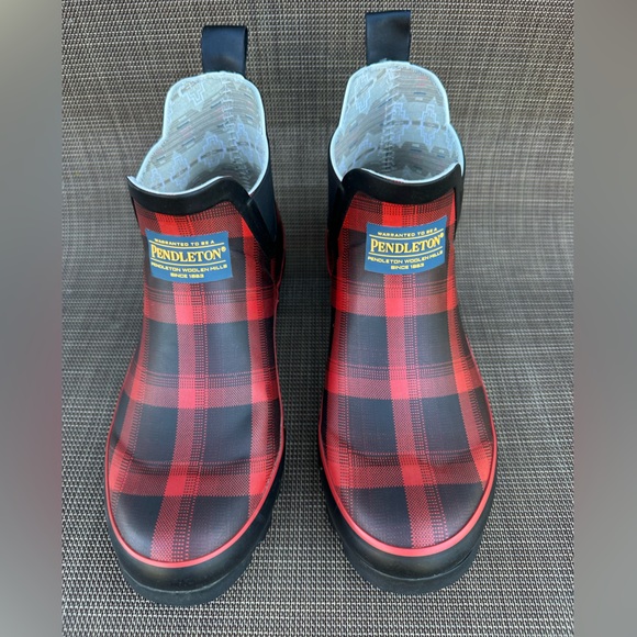 PendletonRain BootsRed Black Plaid Ankle Chelsea Rubber Waterproof Booties Sz 7 - Picture 4 of 10